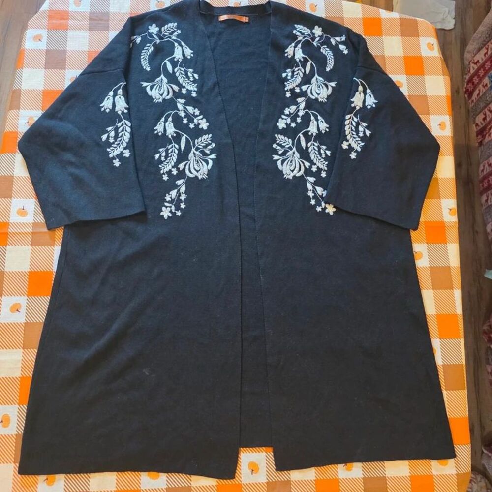 Belldini XXL 2X Black Floral Embroidered Duster Cardigan Boho Long Open Front